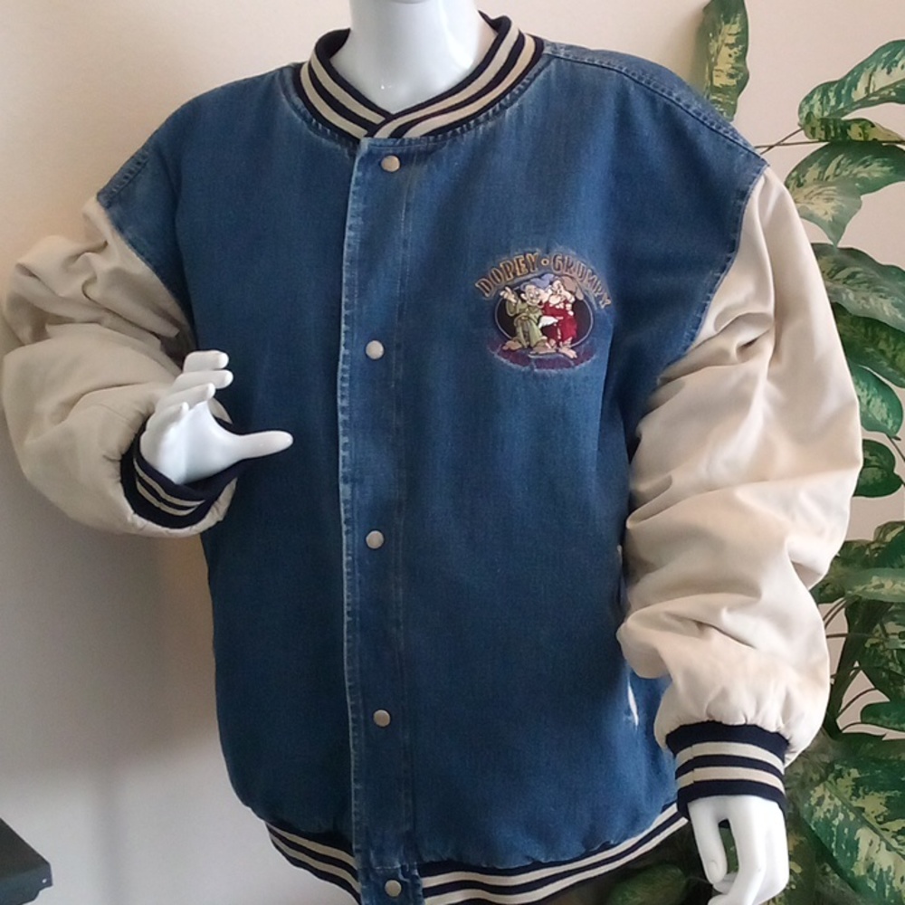 !!!RARE!!!  Disney "SEVEN DWARFS" Letterman Bomber Jeans Jacket